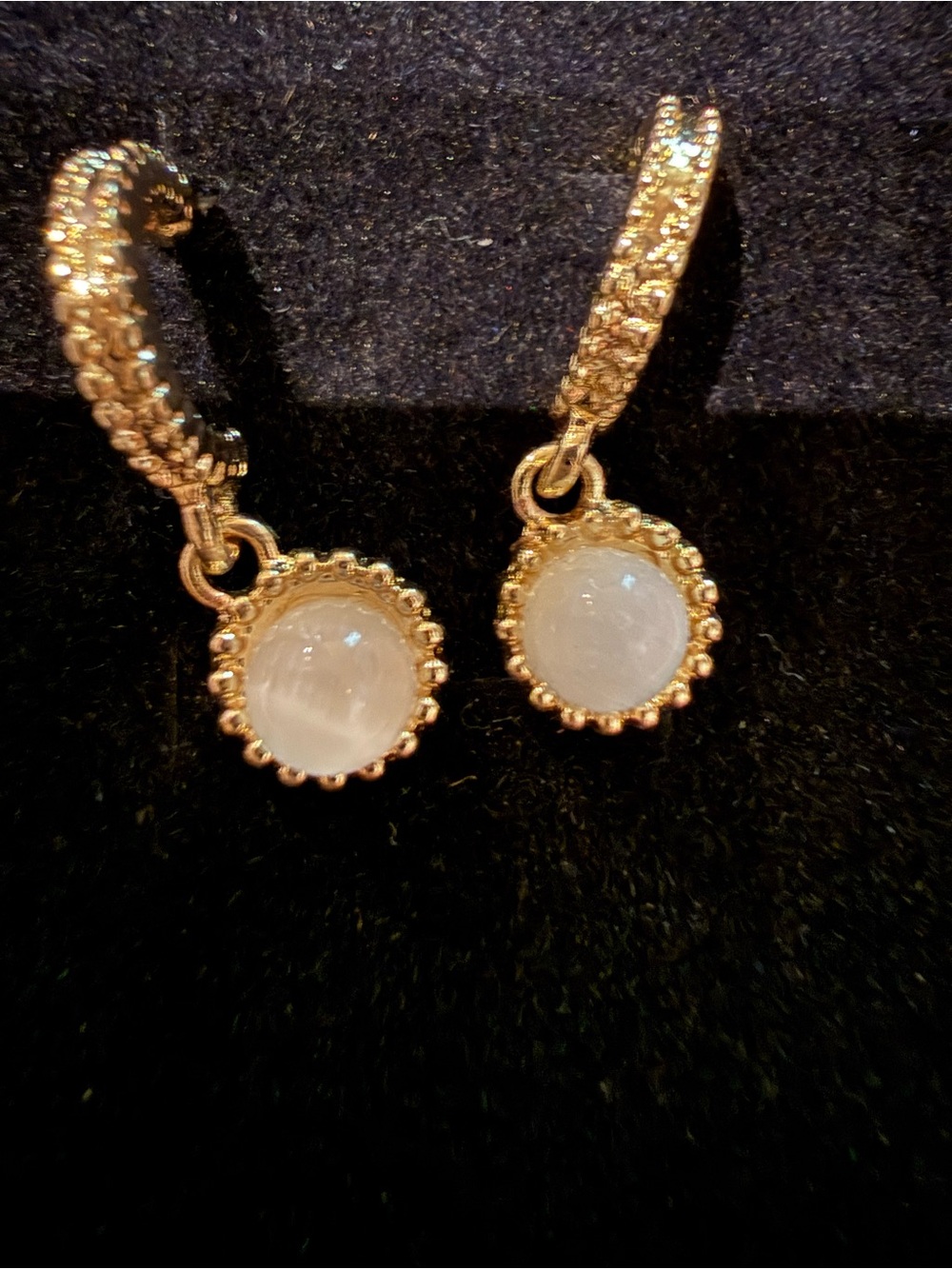 Gold-Tone white moon stones Drop Hoop Earrings - Elegant White Gem Accents